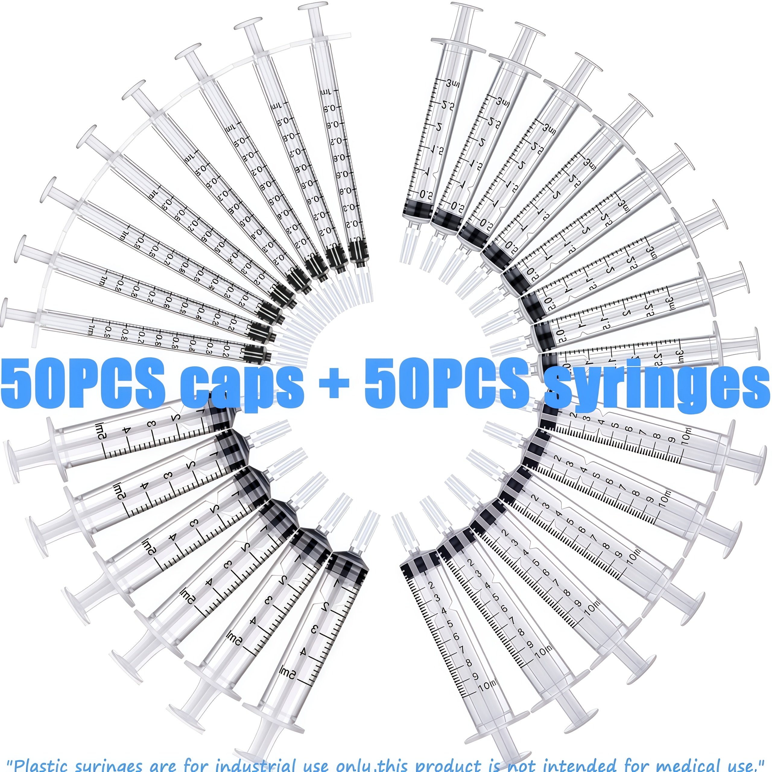 50Pcs Syringes + 50Pcs White Caps, Available in 4 Sizes: 1ml, 3ml, 5ml, 10ml, Liquid Syringes, Laboratory Supplies, Industrial Use, Also Suitable for Feeding Small Animals, Transfe