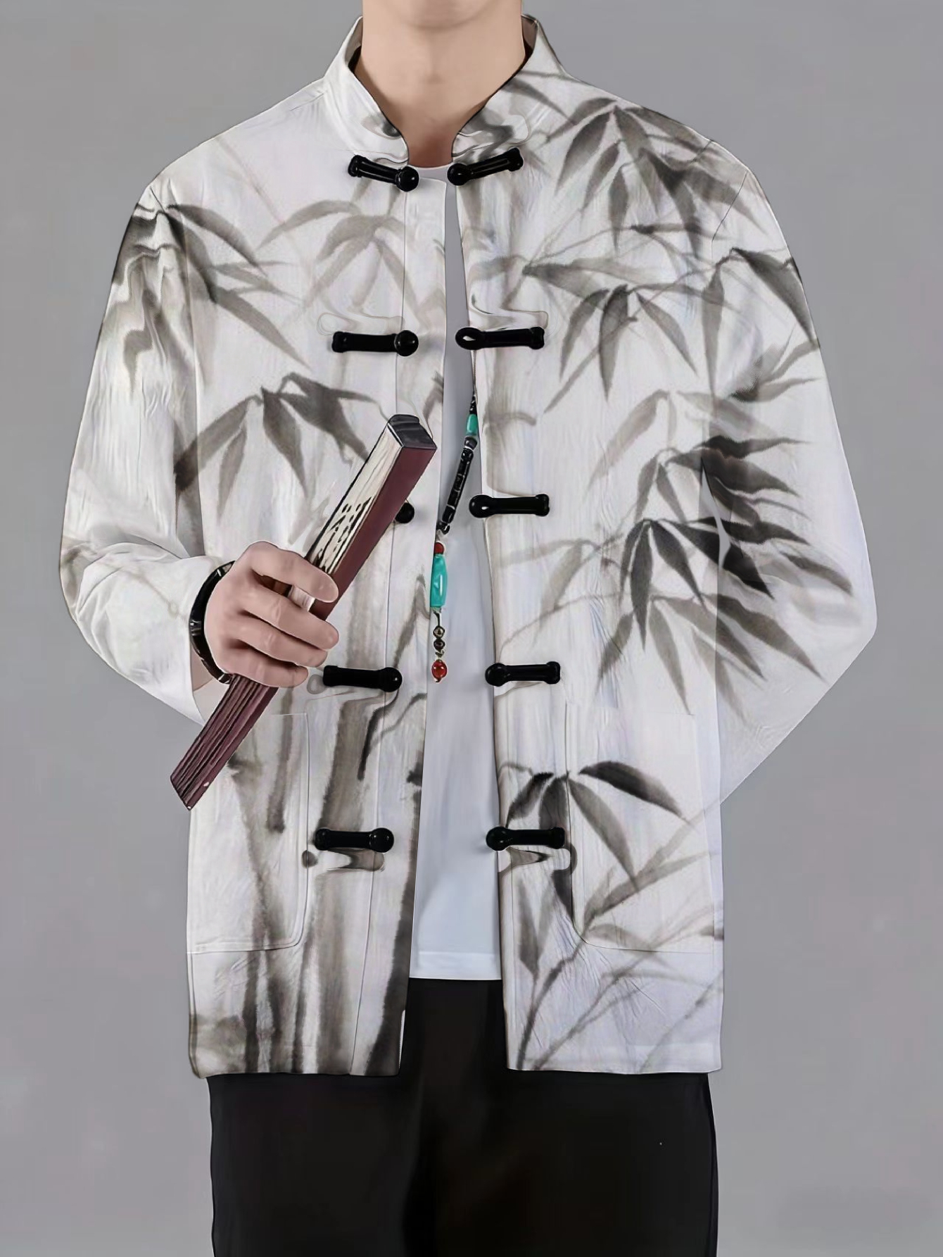 Men Mandarin Collar Frog Button Jacket Bamboo Leaf Art Pattern Traditional Outerwear
