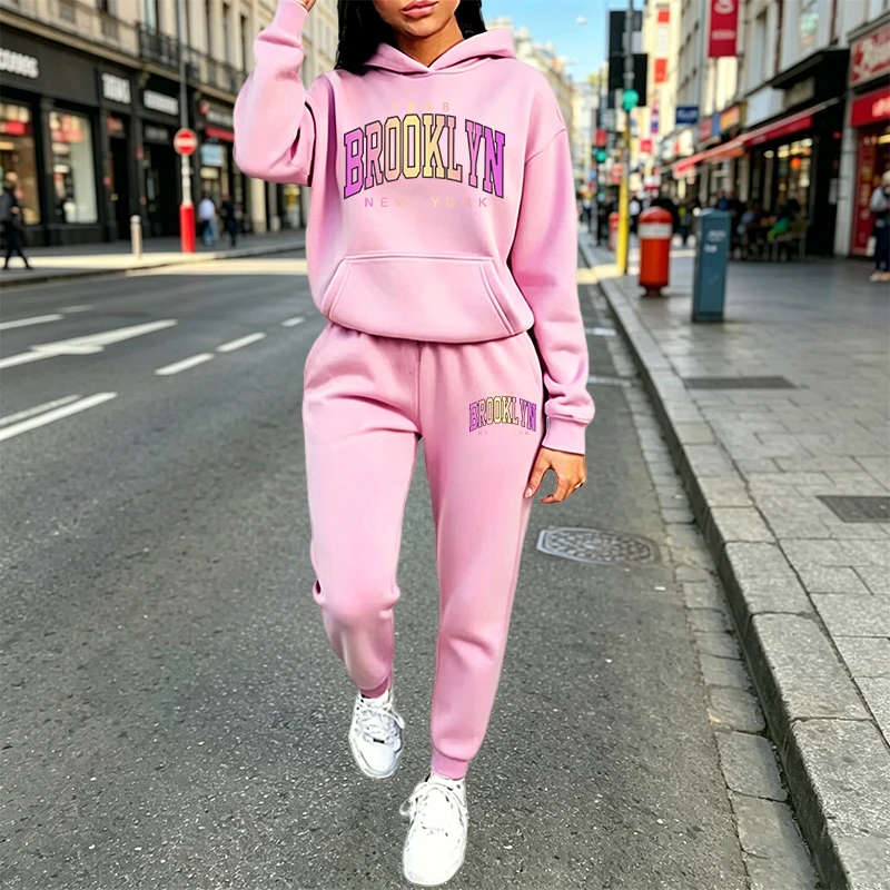 Casual Women's Outfits Print Hooded Sweatshirt 2 Pcs Suit Daily Sports Jogging Sportswear Clothing AutumnWinter Woman Pants Sets