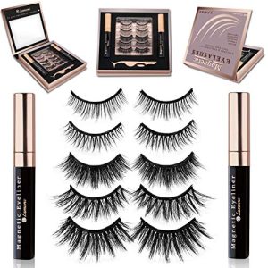 Magnetic Eyelashes with Eyeliner Kit - Magnetic False Eyelashes Multipack with Reusable Natural Magnetic Lashes - 5 Pairs Magnetic Fake Eyelashes, Free Applicator, Mirror & Protective Gift Storage Box