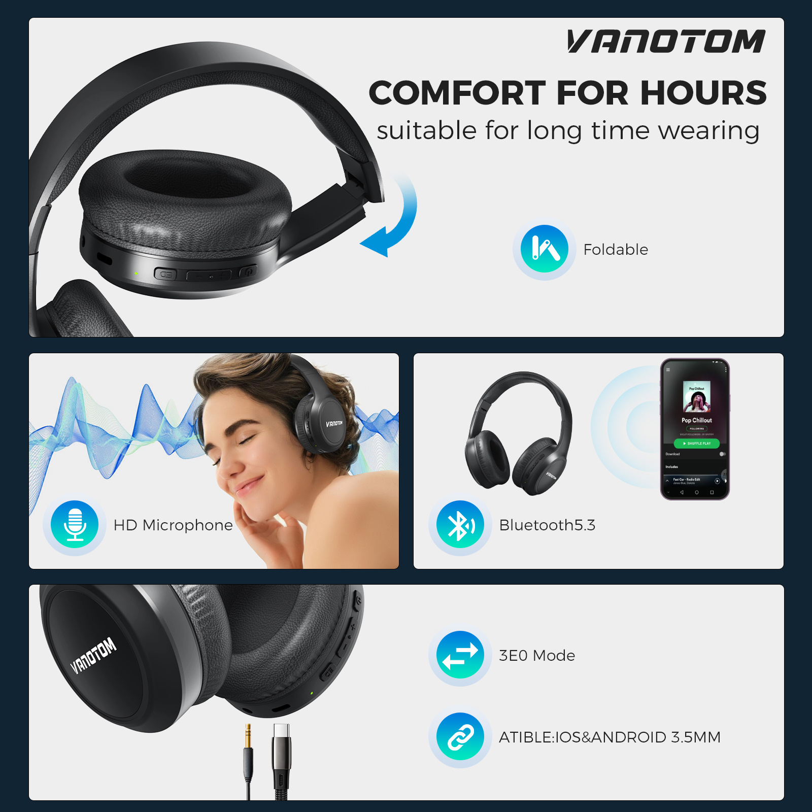 VANOTOM Wireless Headphone, Foldable Bluetooth Headphones Over Ear, Wireless Headset for Gaming, Phones, Computers, Electronics Audio Headphone Halloween Christmas Gift Earbud