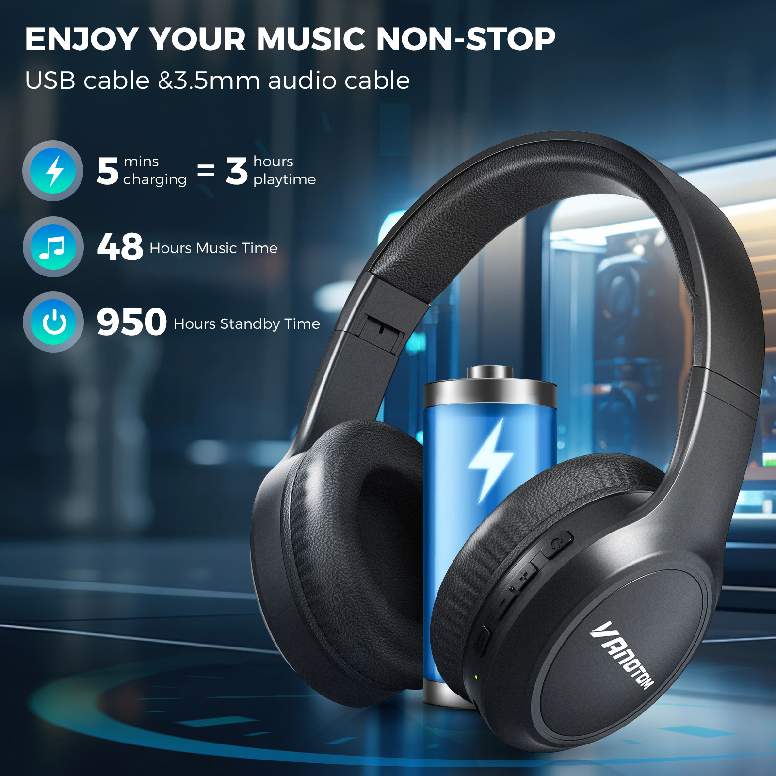 VANOTOM Wireless Headphone, Foldable Bluetooth Headphones Over Ear, Wireless Headset for Gaming, Phones, Computers, Electronics Audio Headphone Halloween Christmas Gift Earbud
