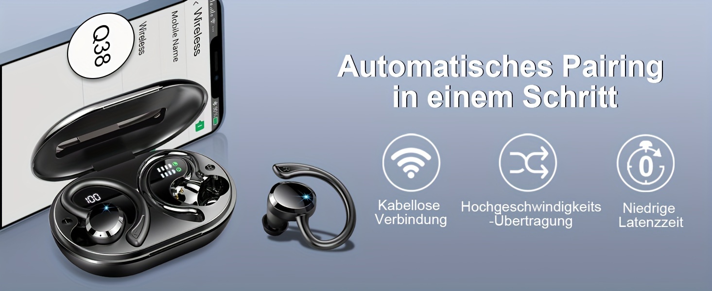 Q38 New Wireless Earbuds for Running Sports, Wireless Earphones with Pure Bass Sound, Over Ear Headphones with Dual-LED Display Earphones Noise Cancelling Headset Built-in Microphone