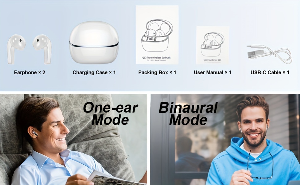 [New Wireless Earphones] 2024 New Wireless Earphones, q13 | 50H Playback Time, 4 ENC Microphones, Noise Cancelling Deep Bass, Dual LED Displays, USB-C