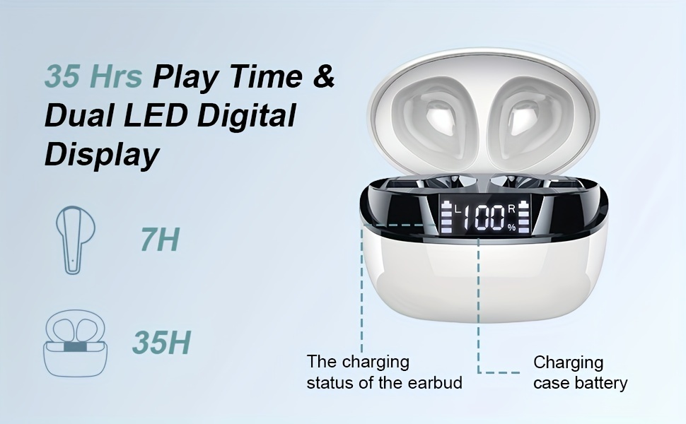 [New Wireless Earphones] 2024 New Wireless Earphones, q13 | 50H Playback Time, 4 ENC Microphones, Noise Cancelling Deep Bass, Dual LED Displays, USB-C