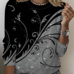 Women'S Long Sleeve T-Shirt - Black & Gray Abstract Line Art Top, Round Neck Blouse for Everyday & Formal Outfits - Non-See-Through Casual Shirt, Ladies T Shirts, Spring Autumn Apparel, Modern Fashion Tee, Nontransparent Fabric, Spring Fashion, Trendy Design, Comfortable Fit, Stylish Tee, Office Wear