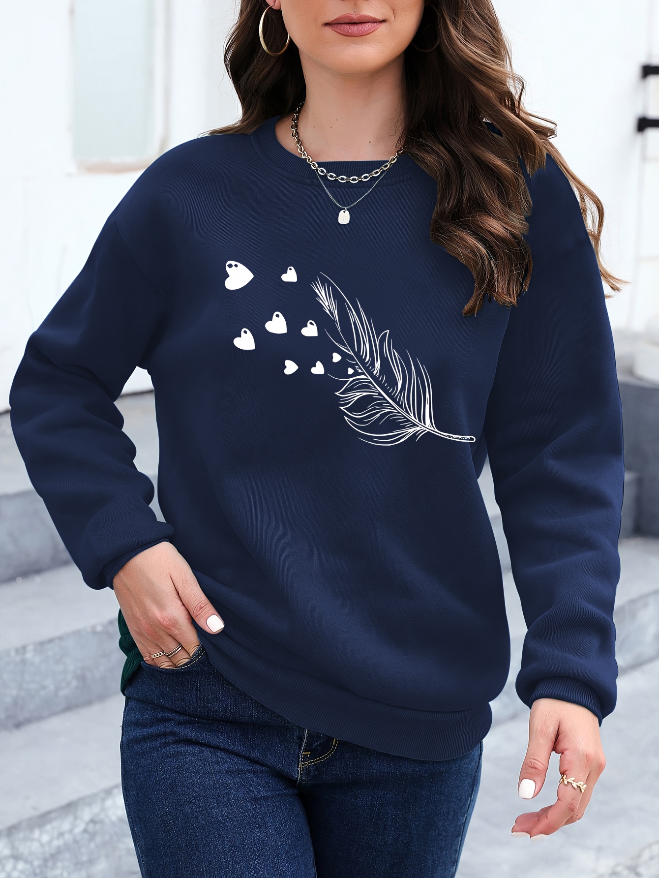[Elegant Hearts Sweater] Elegant & Soft Women's Navy Blue Hearts Pattern Pullover Sweater | Long Sleeve Round Neck Sweater for Fall/Winter, Machine Washable Tops for Everyday & Formal Outfits, Ladies Sweaters, Autumn Apparel, Relaxed Fit, Comfortable Knitwear