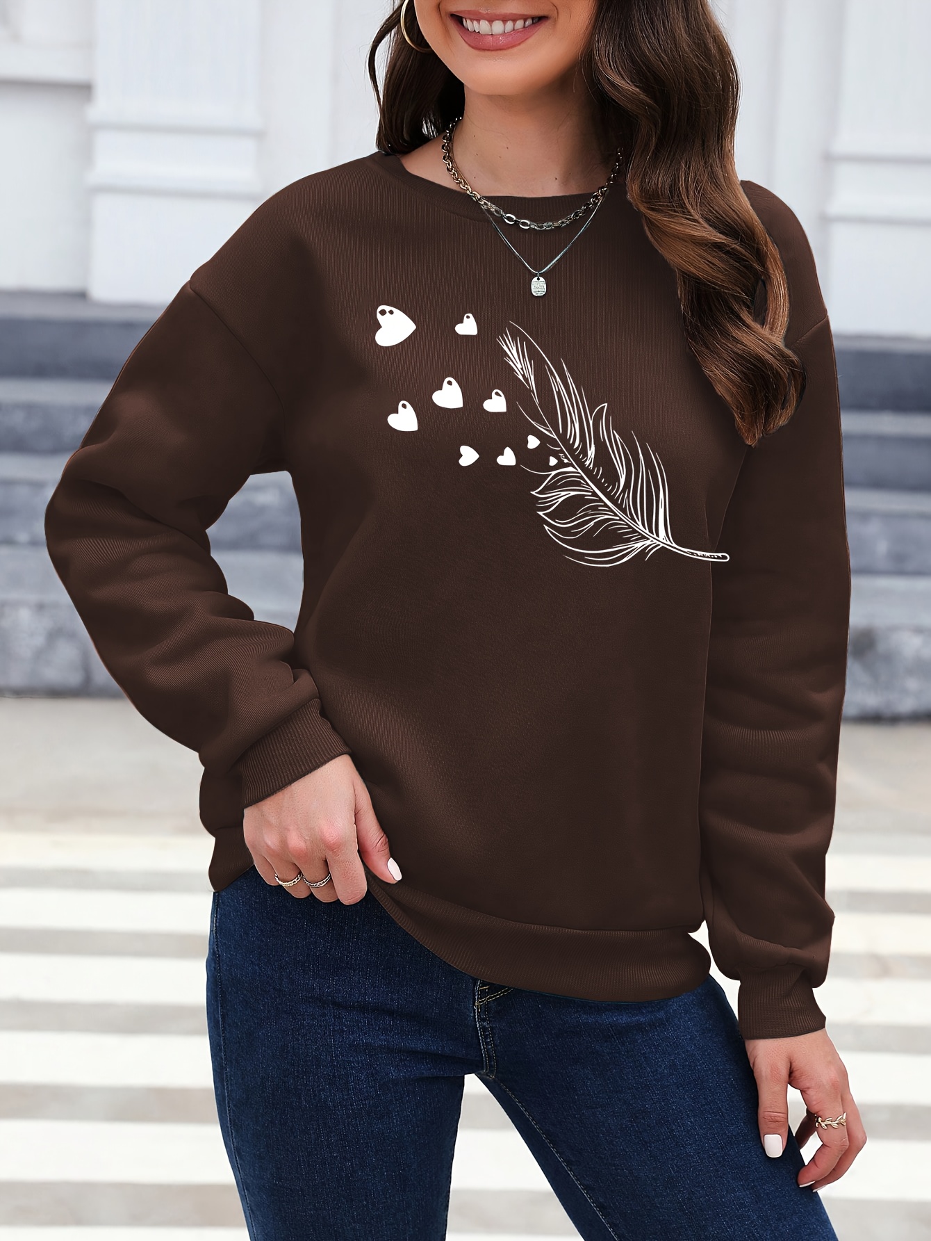 [Elegant Hearts Sweater] Elegant & Soft Women's Navy Blue Hearts Pattern Pullover Sweater | Long Sleeve Round Neck Sweater for Fall/Winter, Machine Washable Tops for Everyday & Formal Outfits, Ladies Sweaters, Autumn Apparel, Relaxed Fit, Comfortable Knitwear