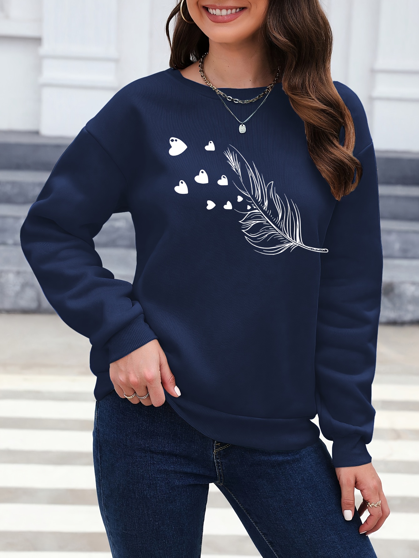 [Elegant Hearts Sweater] Elegant & Soft Women's Navy Blue Hearts Pattern Pullover Sweater | Long Sleeve Round Neck Sweater for Fall/Winter, Machine Washable Tops for Everyday & Formal Outfits, Ladies Sweaters, Autumn Apparel, Relaxed Fit, Comfortable Knitwear