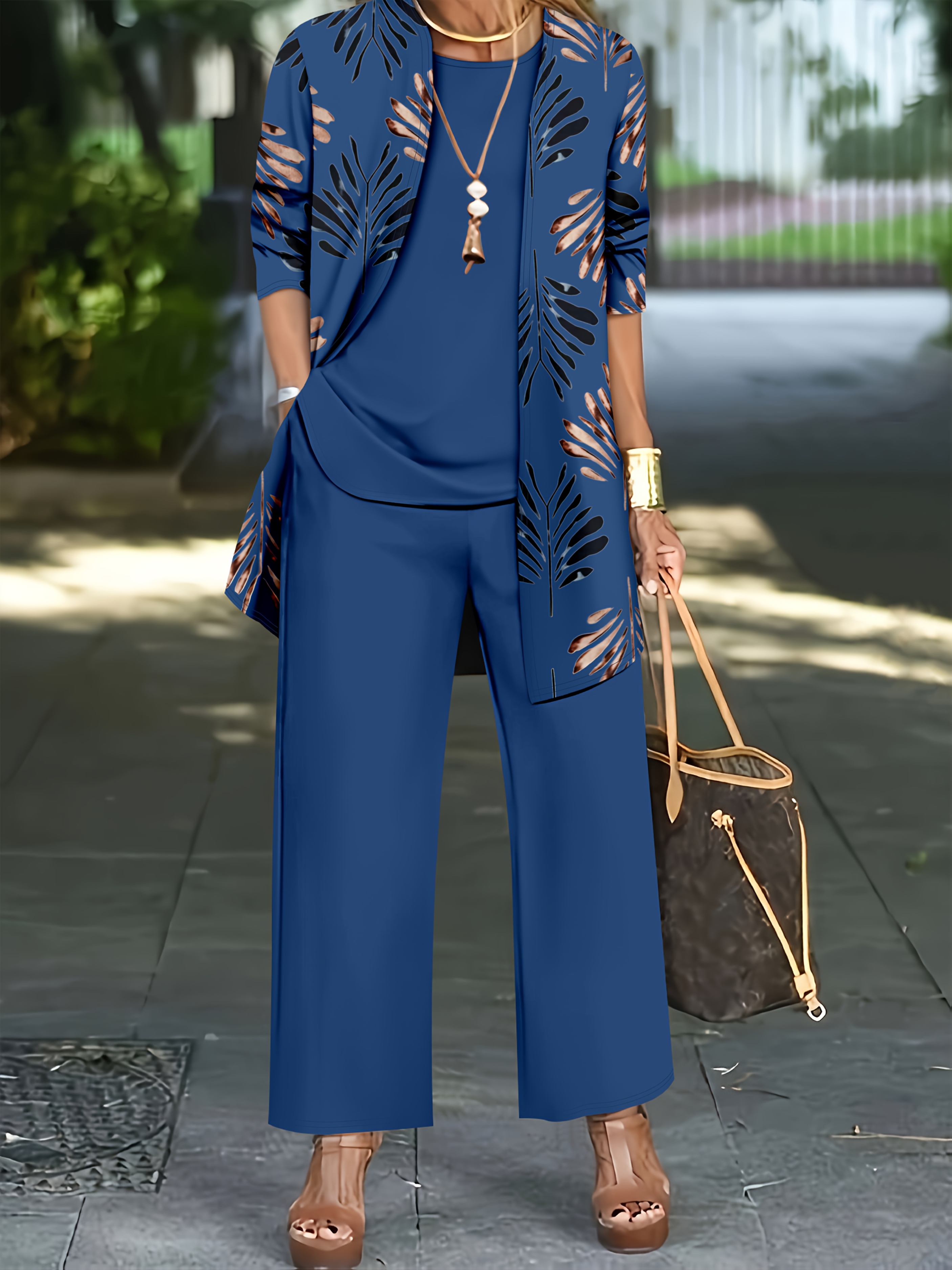 [Women's 3pcs set] Women's 3pcs set, featuring a printed cardigan jacket with a solid-colored inner vest and casual long pants for daily use, Relaxed Style, Lounge Set, Elegant Set, Cozy Outfit, Soft Material, Stretchy Fabric, Matching Set, Threepiece Set, Casual Wardrobe, Comfy Clothing