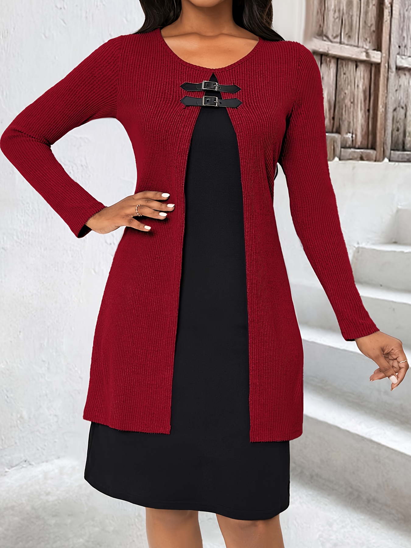 Autumn and Winter New Round Neck Two-Piece Spliced Color Block Elegant Women's Dress