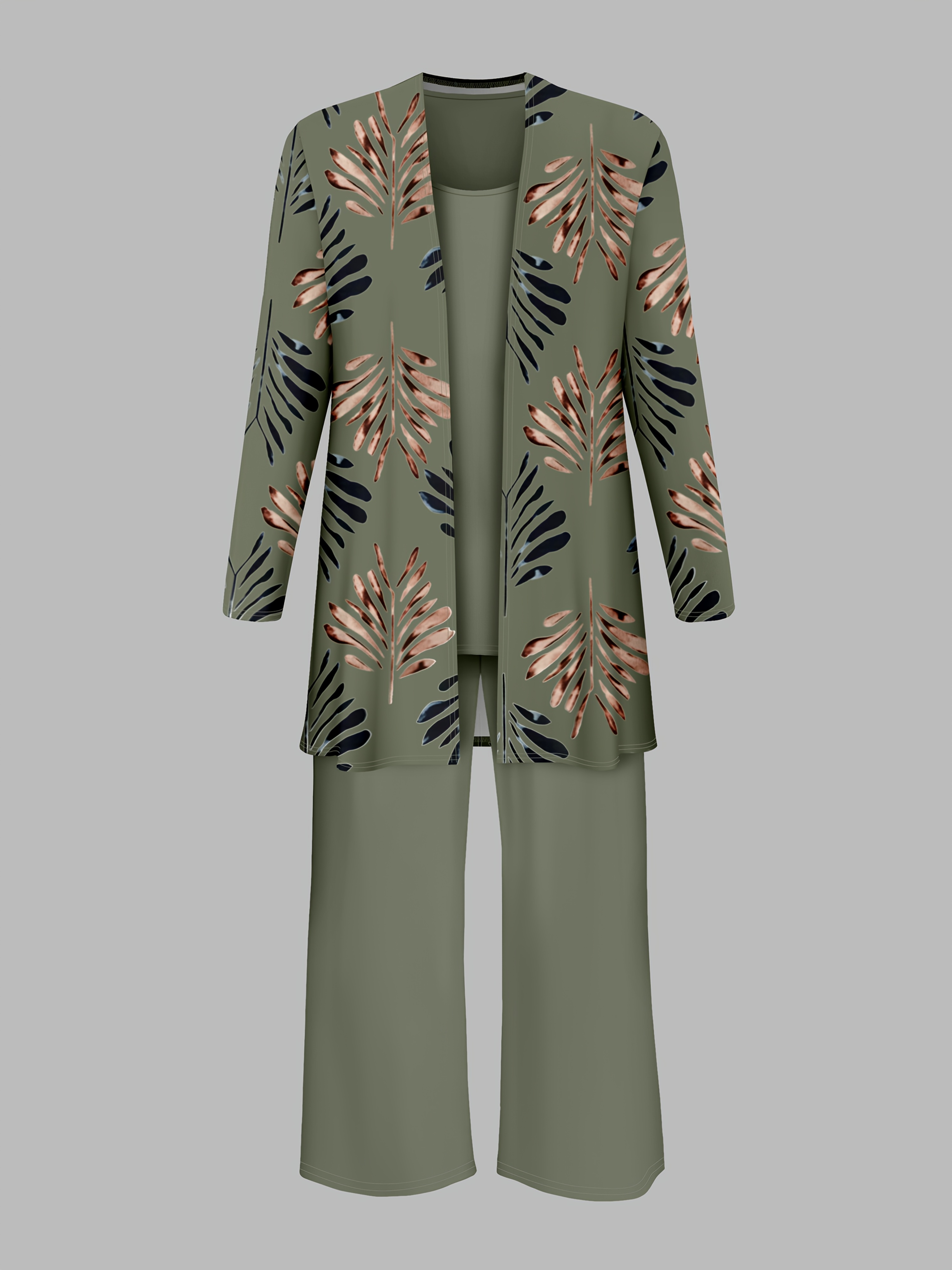 [Women's 3pcs set] Women's 3pcs set, featuring a printed cardigan jacket with a solid-colored inner vest and casual long pants for daily use, Relaxed Style, Lounge Set, Elegant Set, Cozy Outfit, Soft Material, Stretchy Fabric, Matching Set, Threepiece Set, Casual Wardrobe, Comfy Clothing