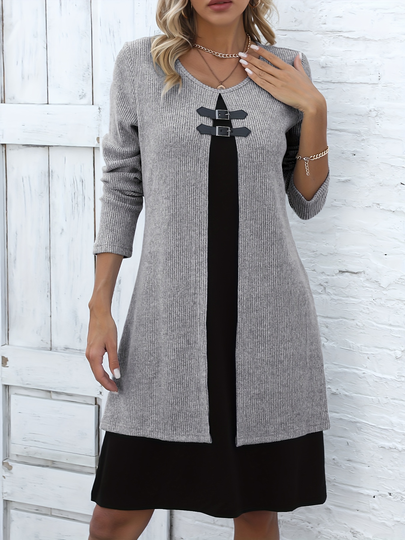 Autumn and Winter New Round Neck Two-Piece Spliced Color Block Elegant Women's Dress