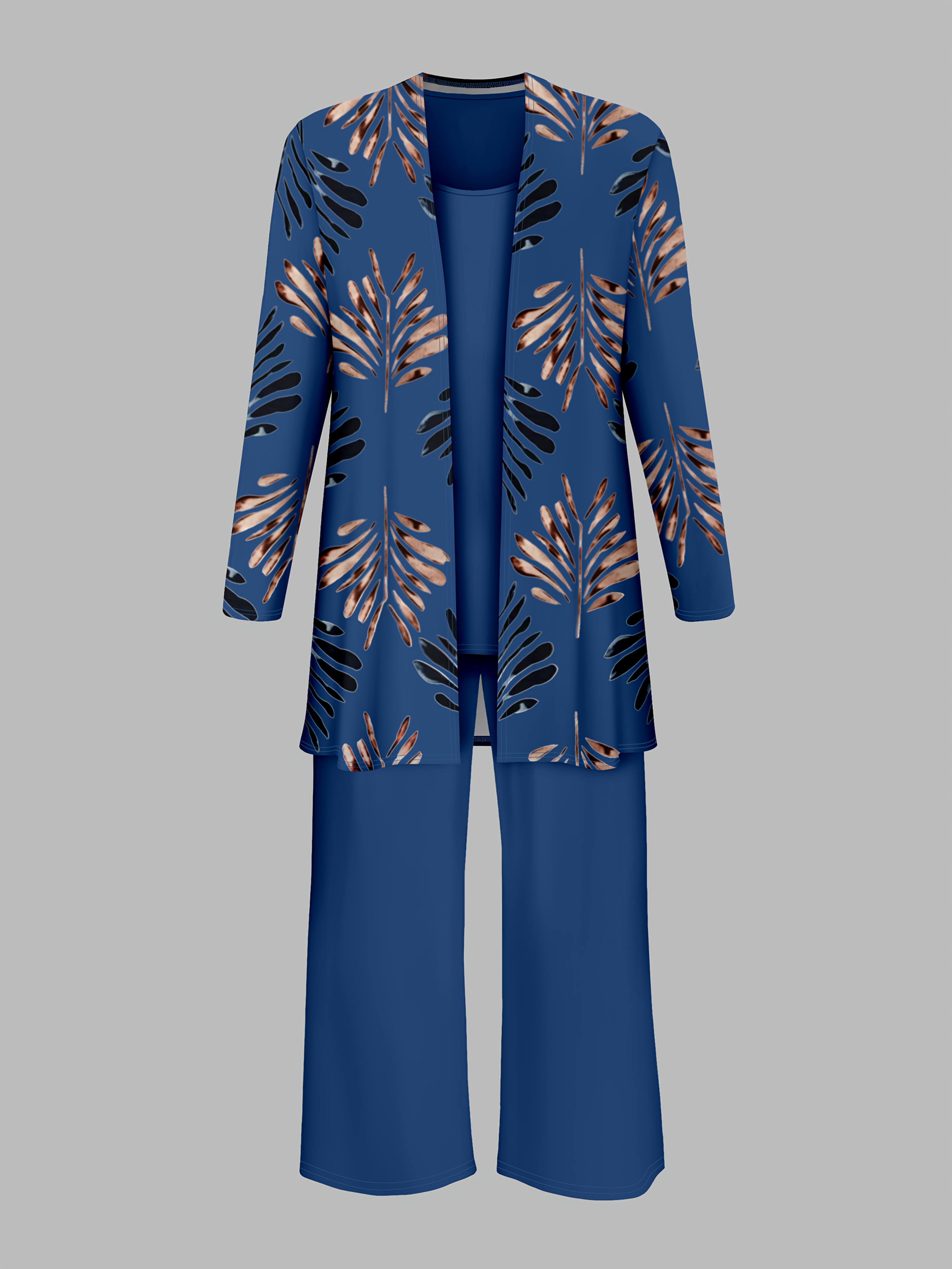 [Women's 3pcs set] Women's 3pcs set, featuring a printed cardigan jacket with a solid-colored inner vest and casual long pants for daily use, Relaxed Style, Lounge Set, Elegant Set, Cozy Outfit, Soft Material, Stretchy Fabric, Matching Set, Threepiece Set, Casual Wardrobe, Comfy Clothing
