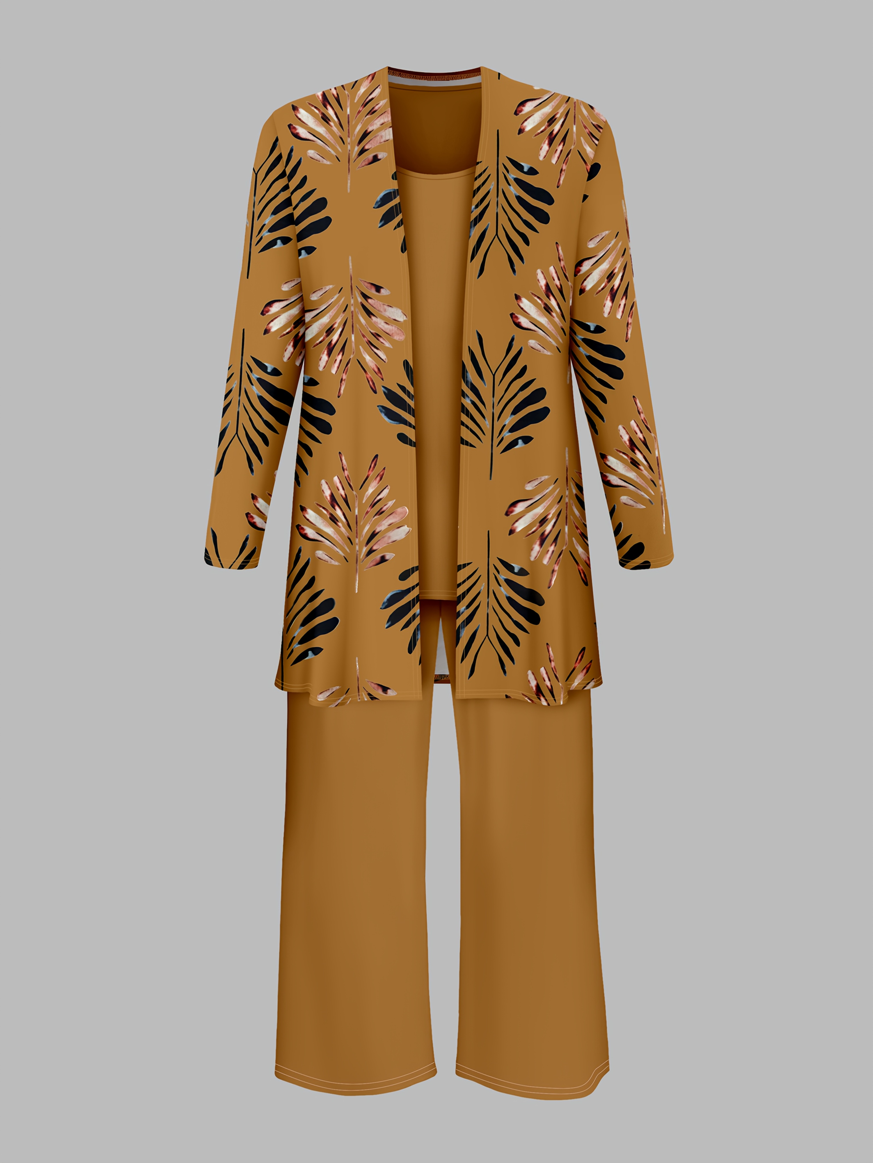 [Women's 3pcs set] Women's 3pcs set, featuring a printed cardigan jacket with a solid-colored inner vest and casual long pants for daily use, Relaxed Style, Lounge Set, Elegant Set, Cozy Outfit, Soft Material, Stretchy Fabric, Matching Set, Threepiece Set, Casual Wardrobe, Comfy Clothing