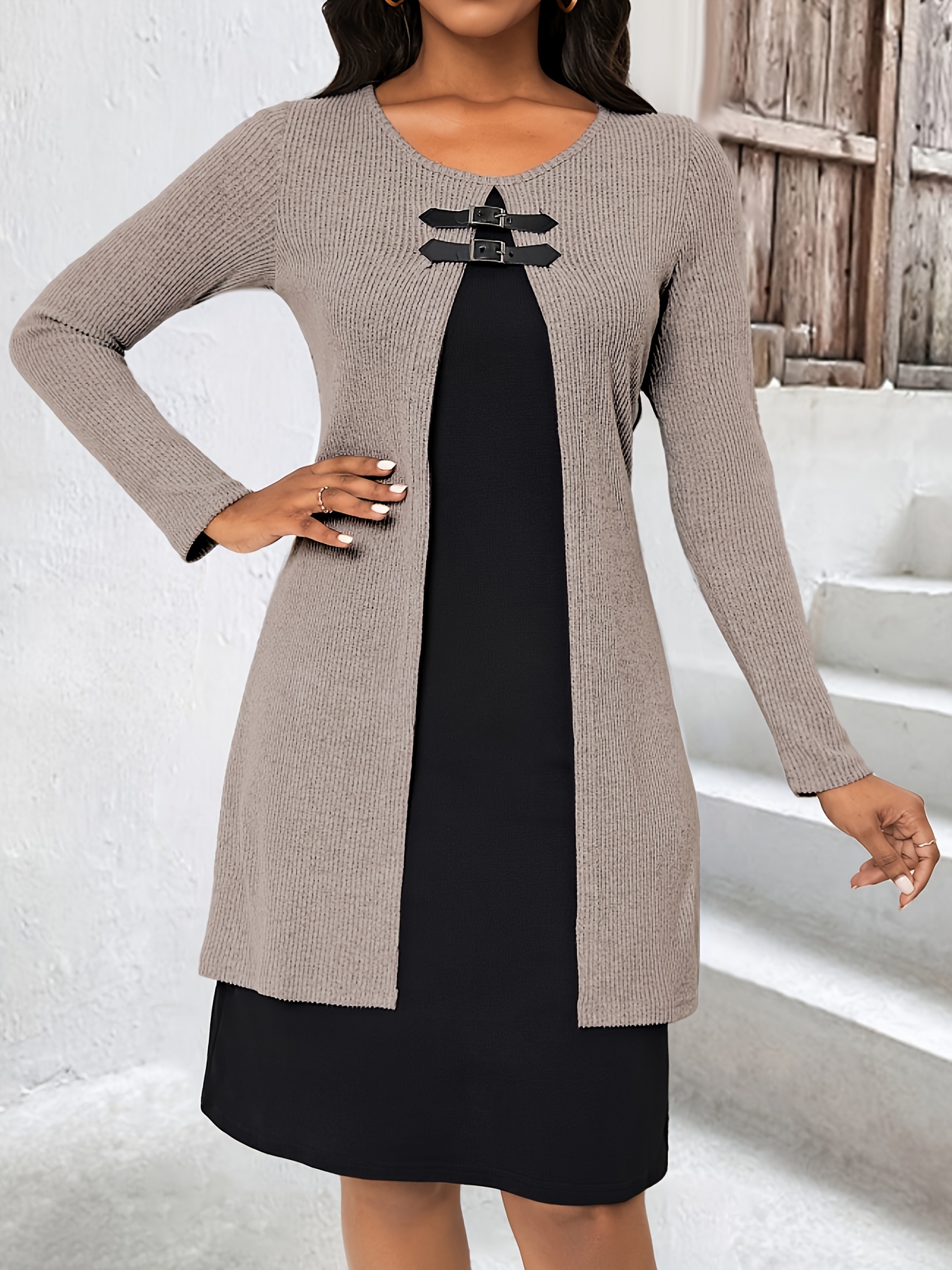 Autumn and Winter New Round Neck Two-Piece Spliced Color Block Elegant Women's Dress