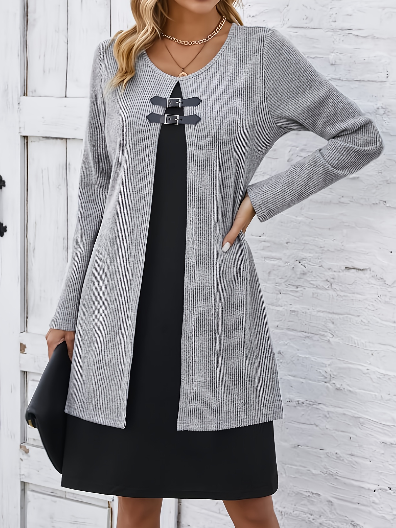 Autumn and Winter New Round Neck Two-Piece Spliced Color Block Elegant Women's Dress