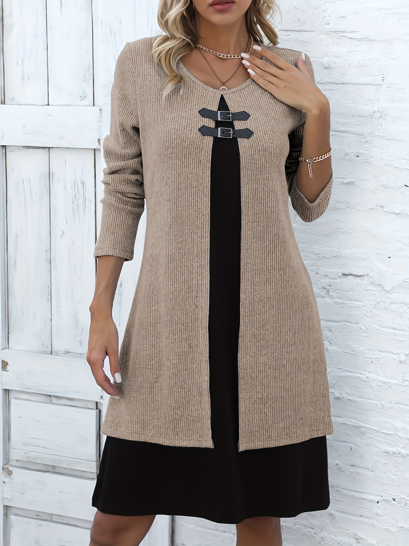 Autumn and Winter New Round Neck Two-Piece Spliced Color Block Elegant Women's Dress