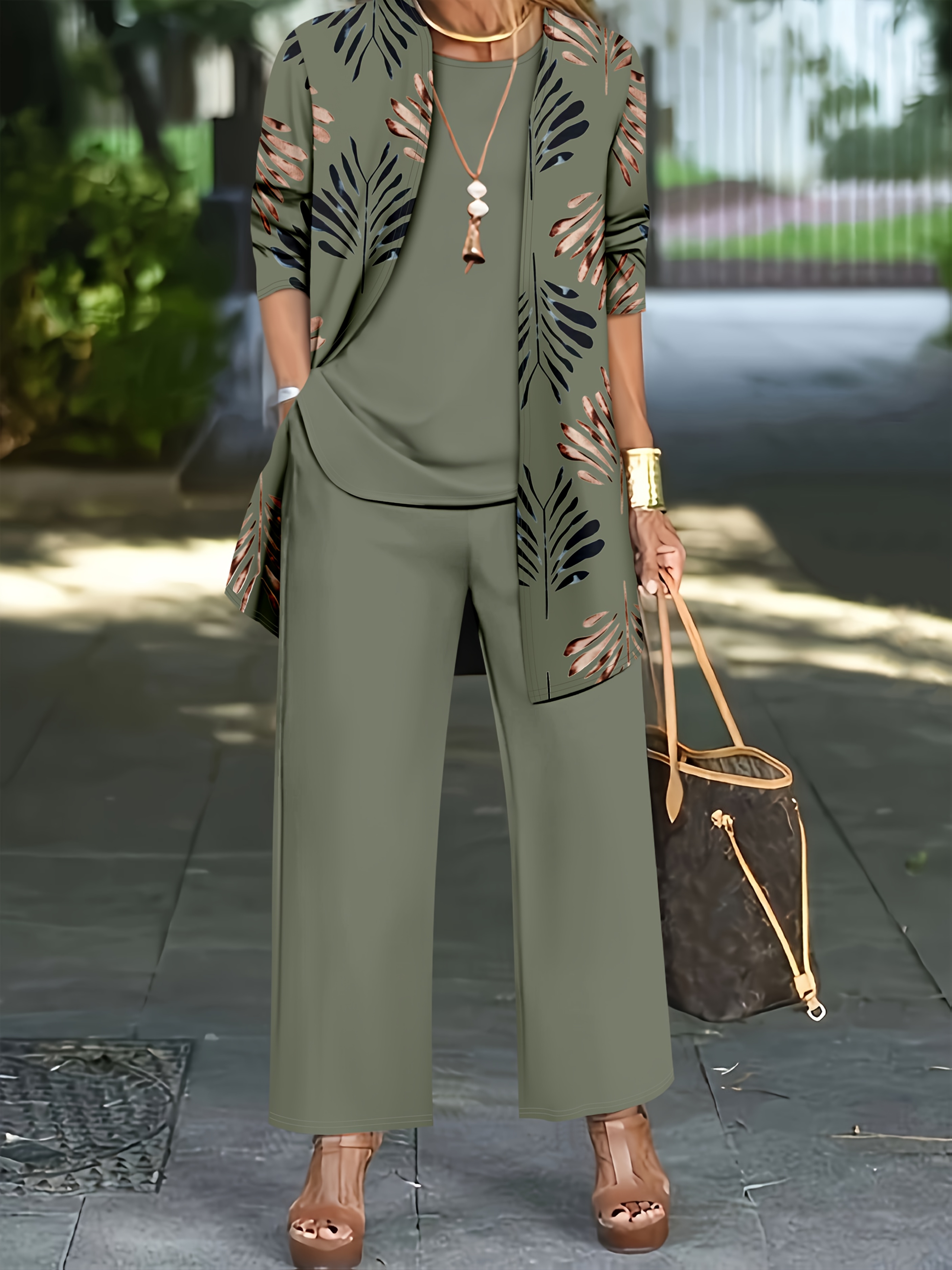 [Women's 3pcs set] Women's 3pcs set, featuring a printed cardigan jacket with a solid-colored inner vest and casual long pants for daily use, Relaxed Style, Lounge Set, Elegant Set, Cozy Outfit, Soft Material, Stretchy Fabric, Matching Set, Threepiece Set, Casual Wardrobe, Comfy Clothing