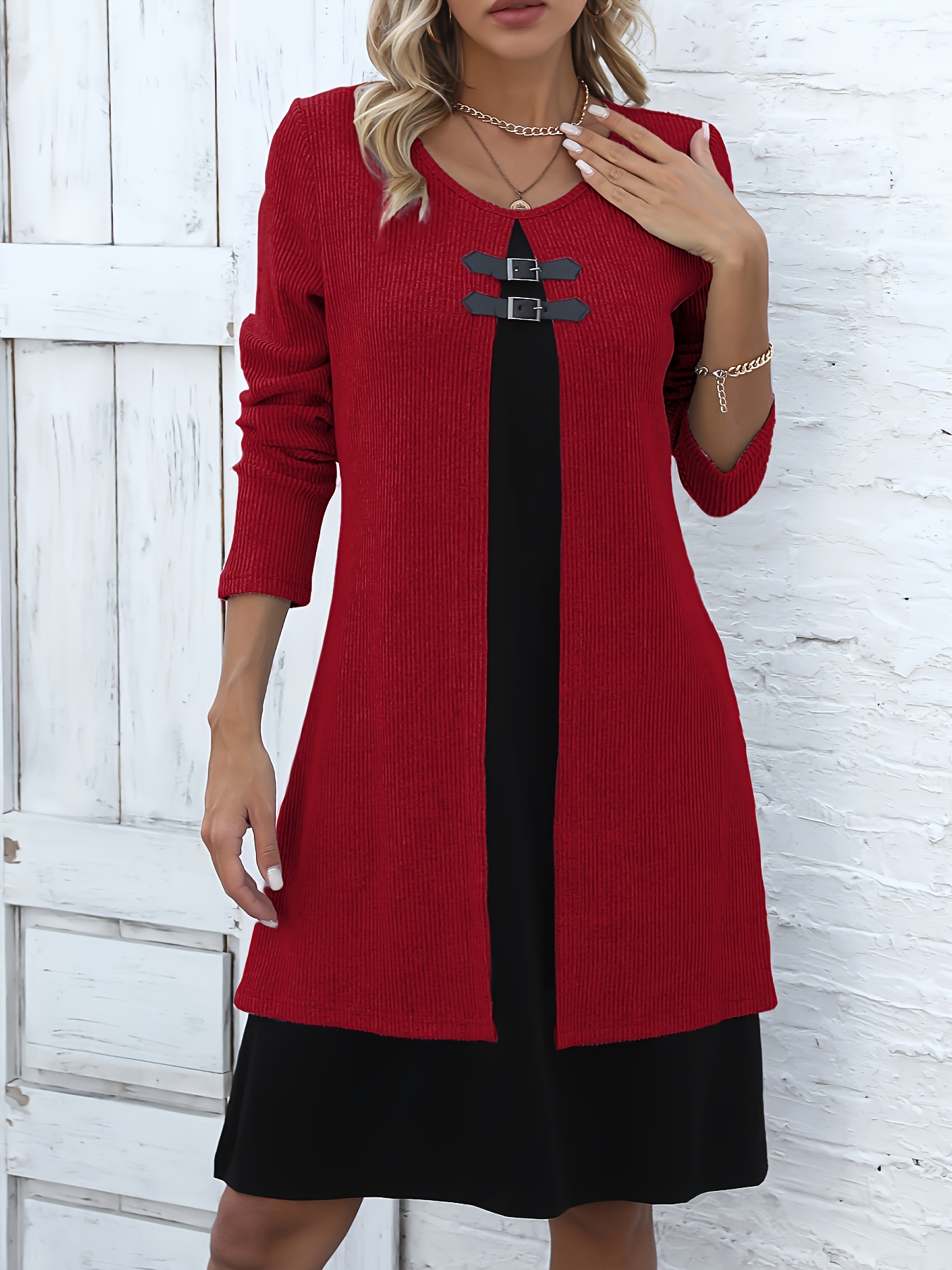 Autumn and Winter New Round Neck Two-Piece Spliced Color Block Elegant Women's Dress