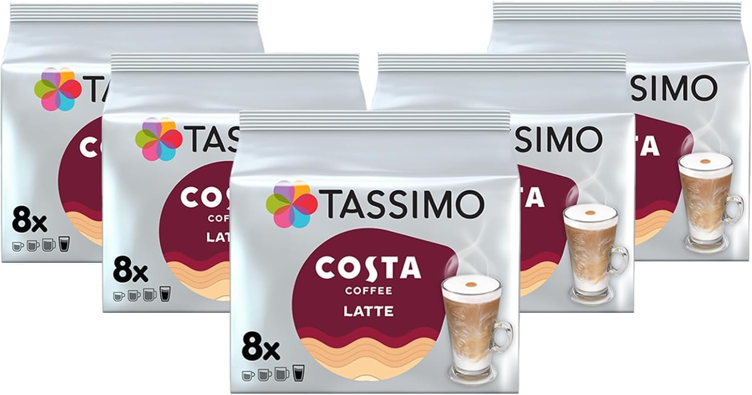 Tassimo Costa Latte Medium Roast Coffee Pods x8 (Pack of 5, Total 40 Drinks)