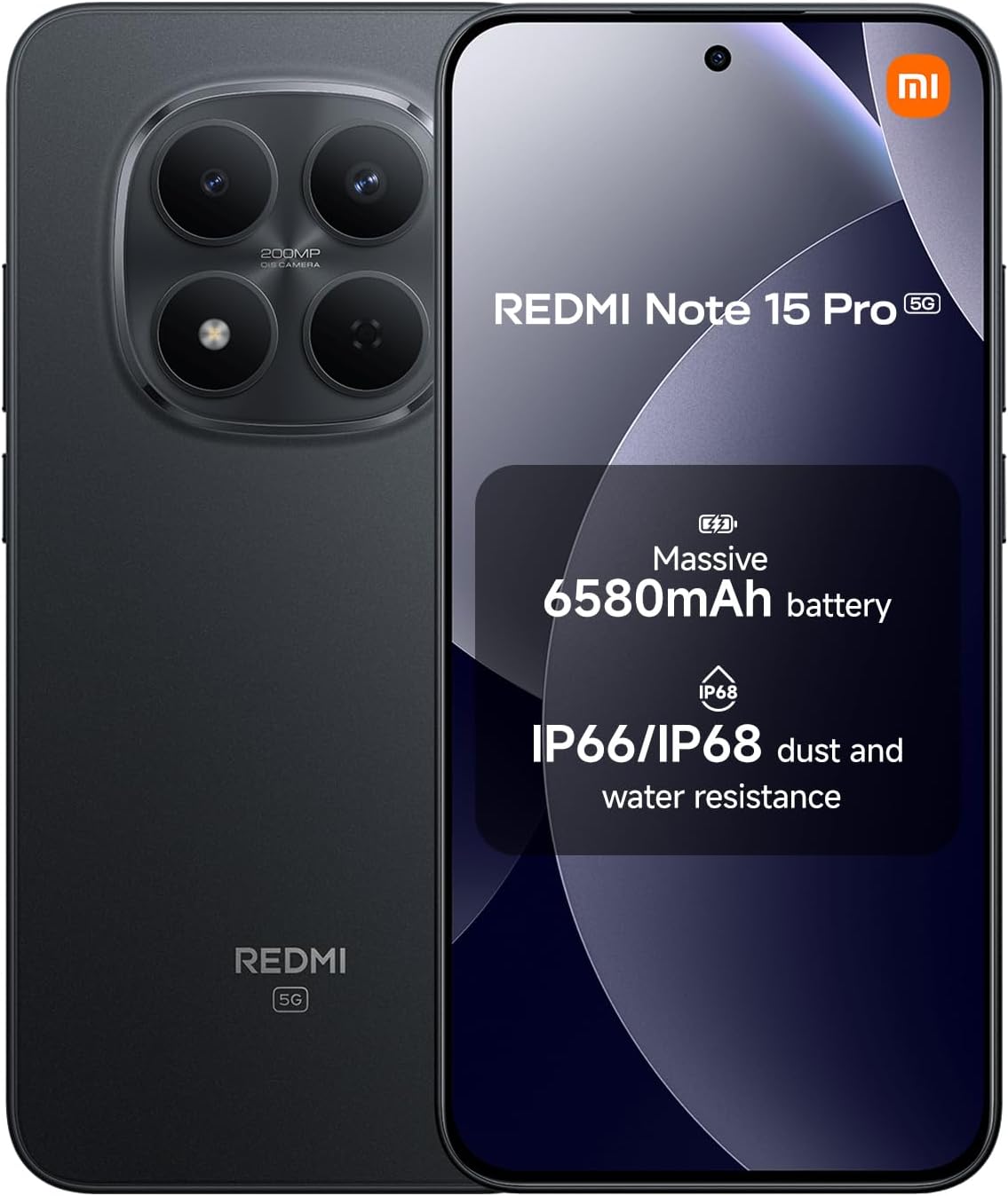 XIAOMI Redmi Note 15 Pro 5G, Smartphone 8+256 GB, Massive 6580mAh Battery, IP66/IP68, New 200MP Camera, 6.83" AMOLED Display, Black, Warranty 2 years, Charger Not Included