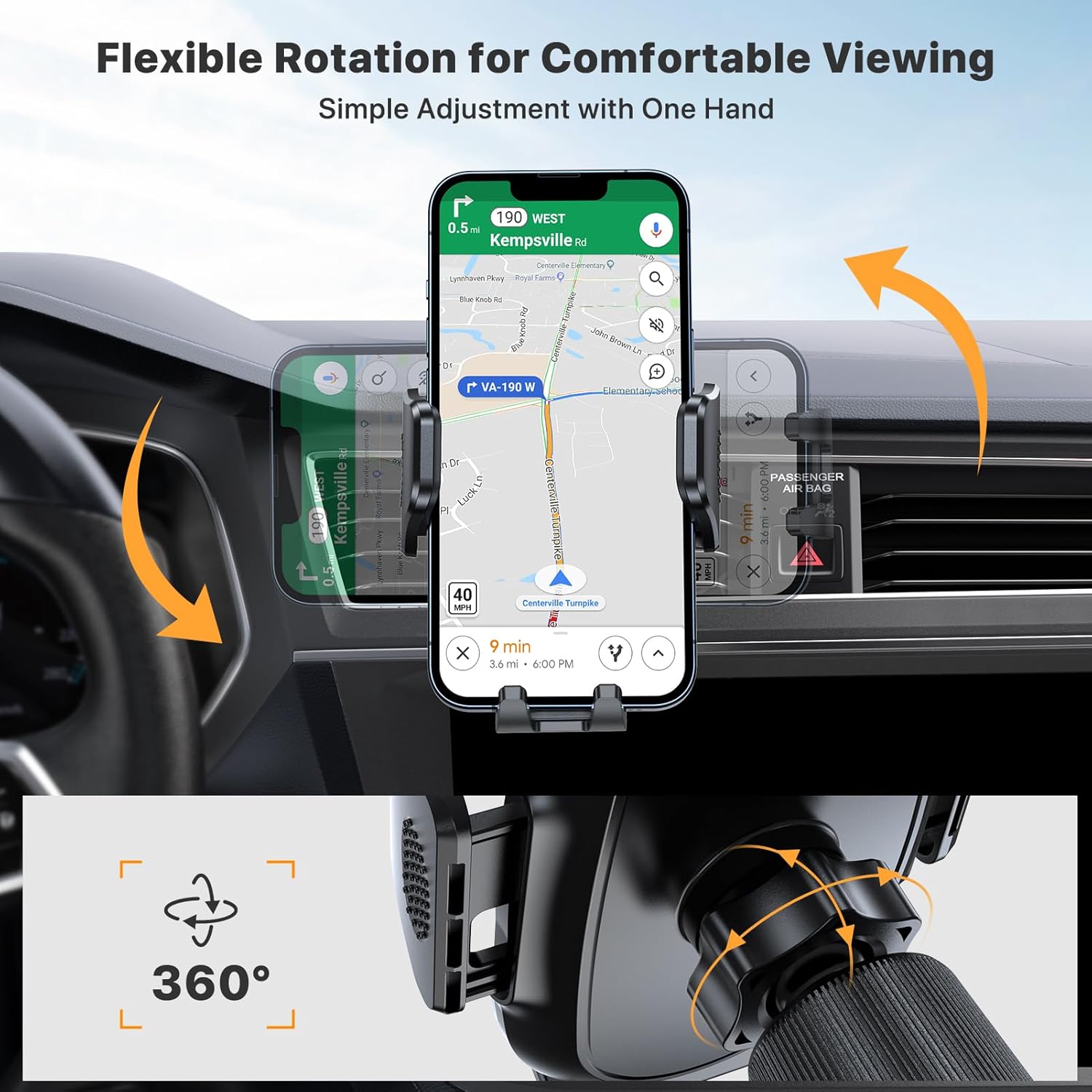 Miracase 2026 Car Phone Holder, Stable Double Steel-Hook Air Vent Car Phone Mount Cradle 360°Rotation, One Button Release Mobile Phone Holder for iPhone, Galaxy, All 4.0''-7'' Smartphones - Image 4