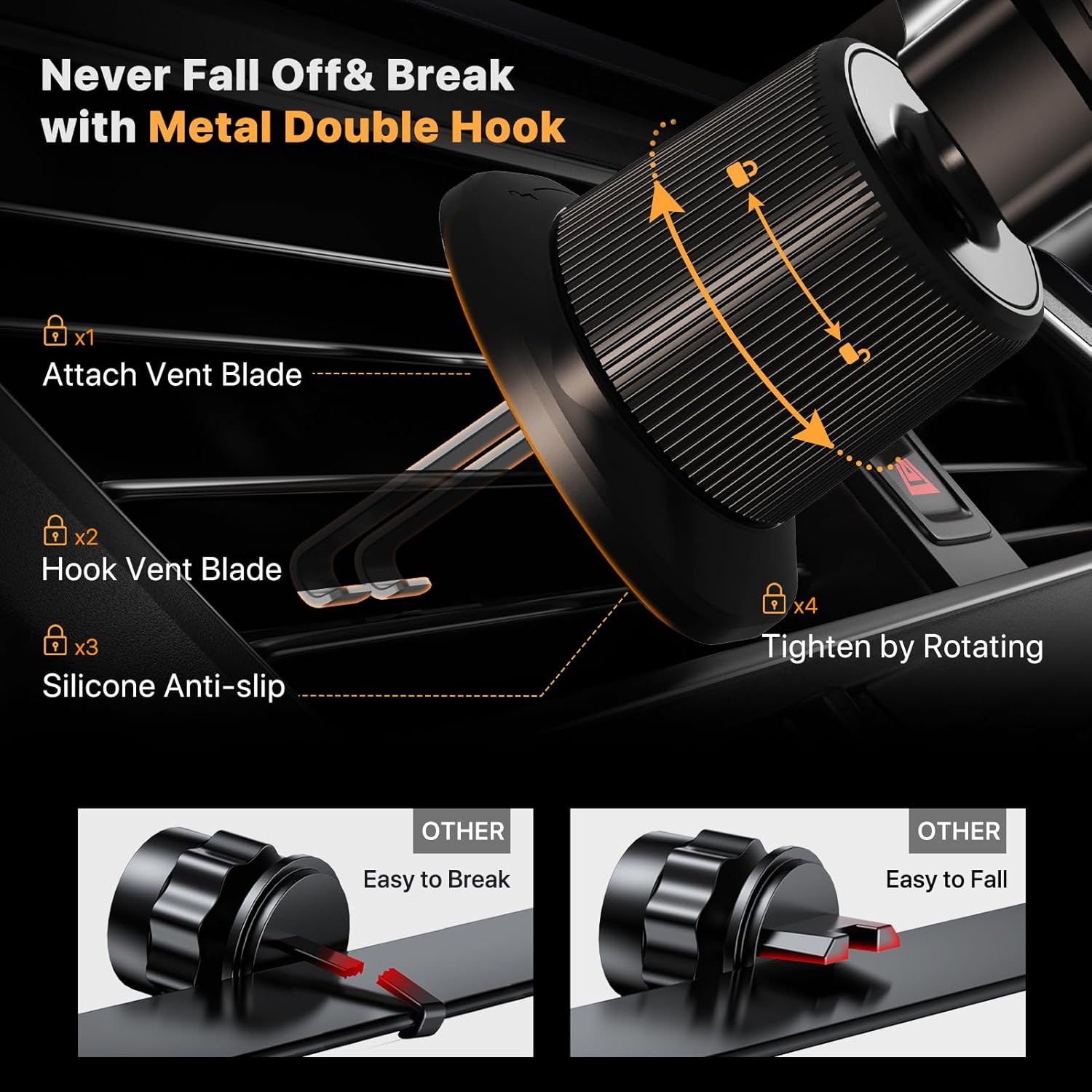 Miracase 2026 Car Phone Holder, Stable Double Steel-Hook Air Vent Car Phone Mount Cradle 360°Rotation, One Button Release Mobile Phone Holder for iPhone, Galaxy, All 4.0''-7'' Smartphones - Image 2