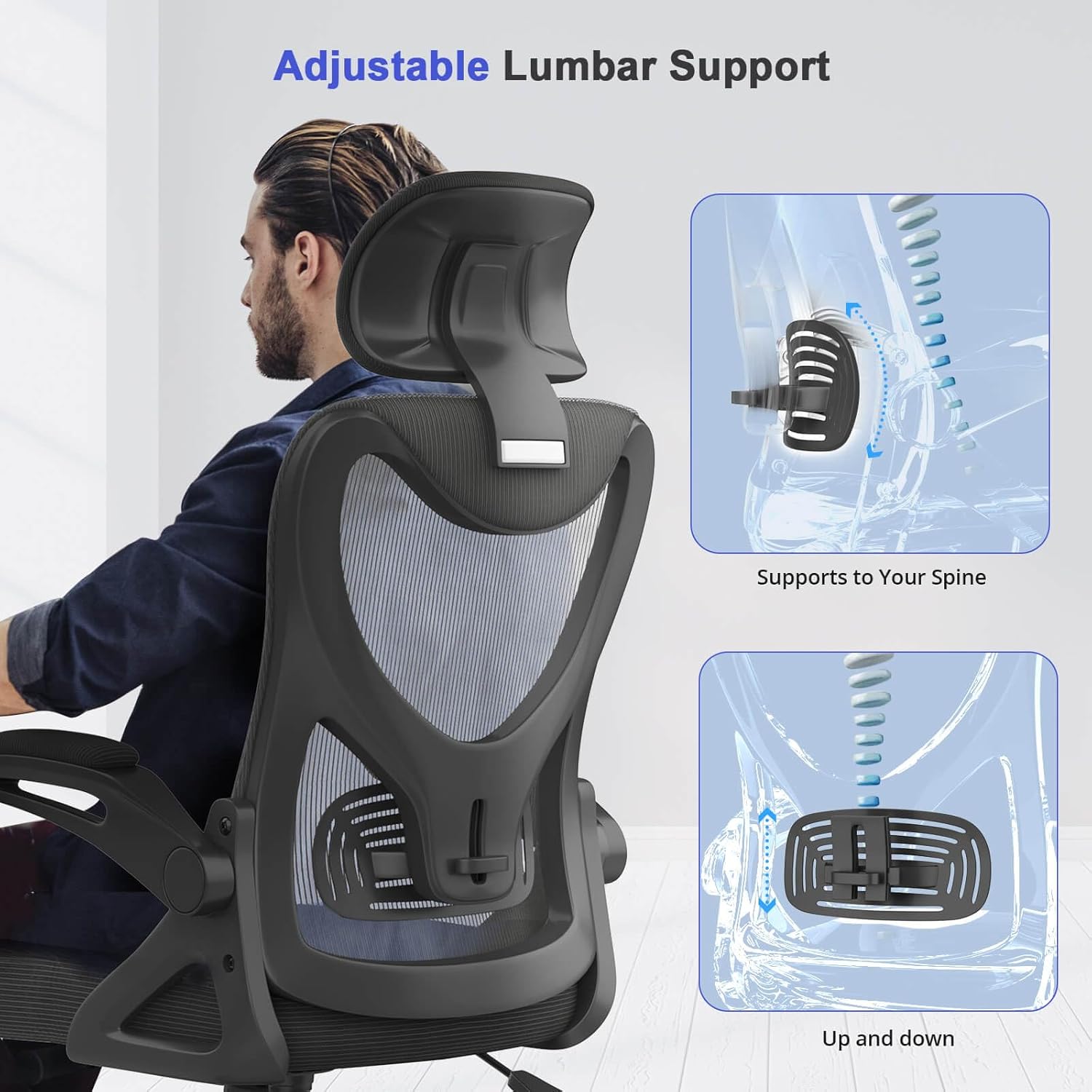 Office Chair - Ergonomic Desk Chair with Lumbar Support Headrest Adjustable, Padded Flip-up Armrests Comfy Seat Cushion High Back Executive Manager Chair For Home Office - Image 2