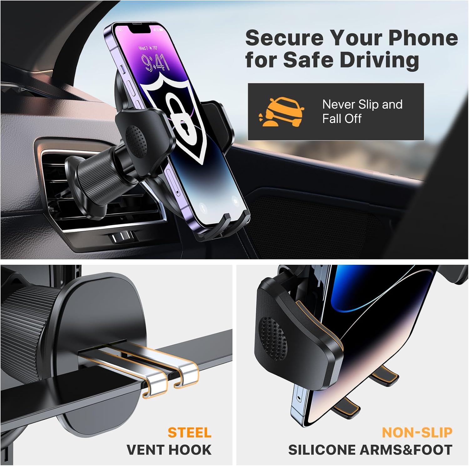 Miracase 2026 Car Phone Holder, Stable Double Steel-Hook Air Vent Car Phone Mount Cradle 360°Rotation, One Button Release Mobile Phone Holder for iPhone, Galaxy, All 4.0''-7'' Smartphones - Image 3