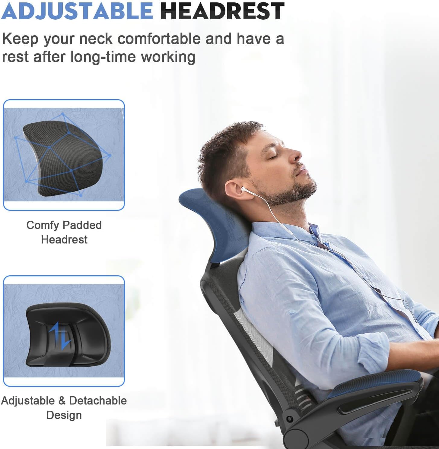 Office Chair - Ergonomic Desk Chair with Lumbar Support Headrest Adjustable, Padded Flip-up Armrests Comfy Seat Cushion High Back Executive Manager Chair For Home Office - Image 4