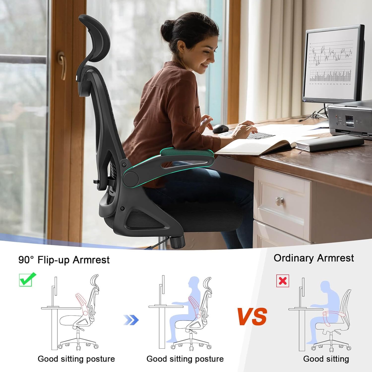 Office Chair - Ergonomic Desk Chair with Lumbar Support Headrest Adjustable, Padded Flip-up Armrests Comfy Seat Cushion High Back Executive Manager Chair For Home Office - Image 5