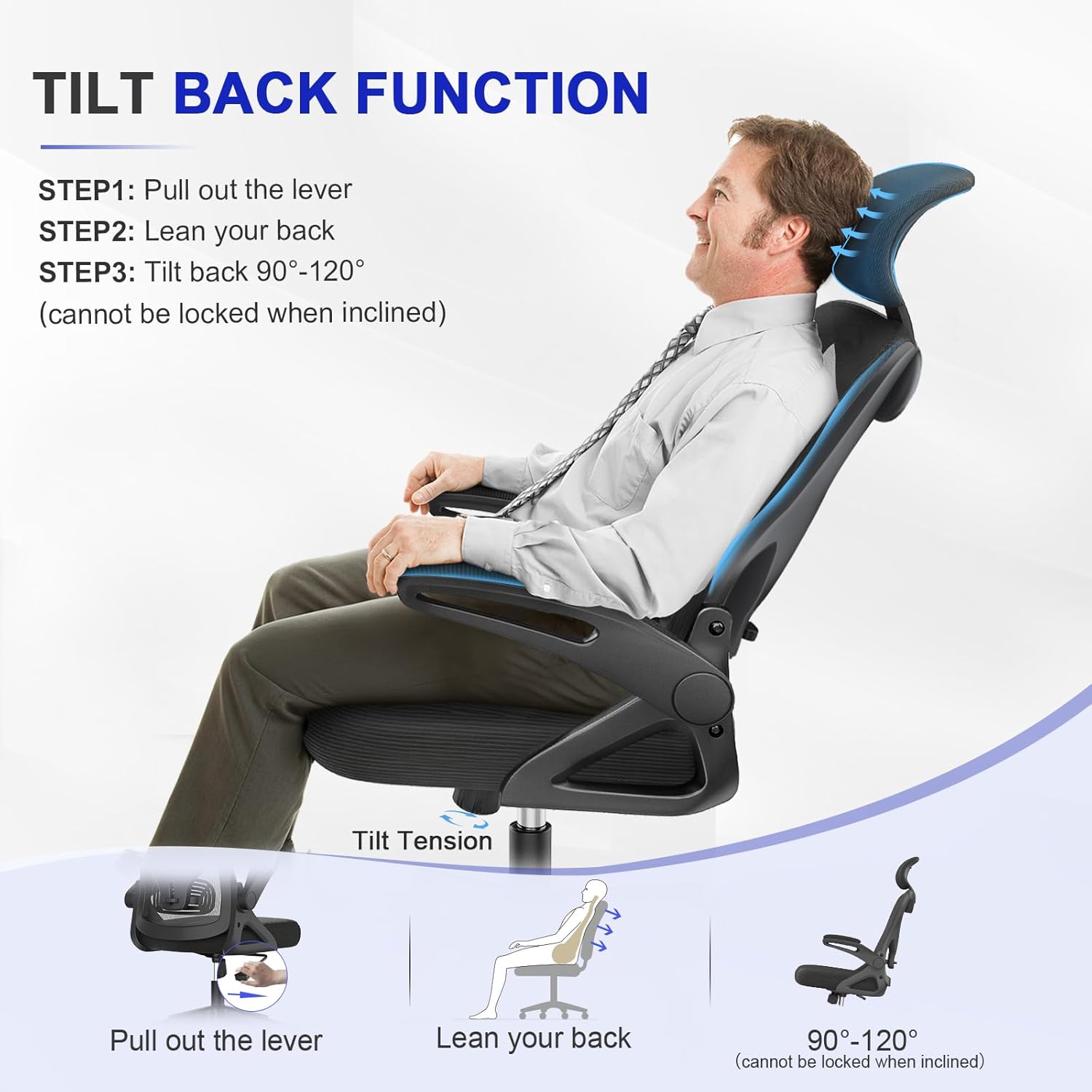 Office Chair - Ergonomic Desk Chair with Lumbar Support Headrest Adjustable, Padded Flip-up Armrests Comfy Seat Cushion High Back Executive Manager Chair For Home Office - Image 6