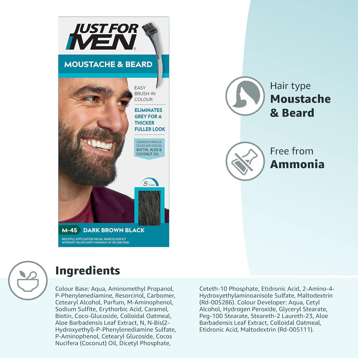 Just for men Moustache & Beard Dark Brown Dye, Eliminates Grey for a Thicker & Fuller Look M45 - Image 8