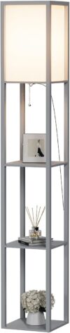PULUOMIS Floor Lamp with Shelves, 3 Layers Wooden Shelf Standing Light, Modern Reading Lamp for Bedroom, Living Room, Office, Home Decoration (Size:26x 26x 160 cm) (Without Bulb)-Grey