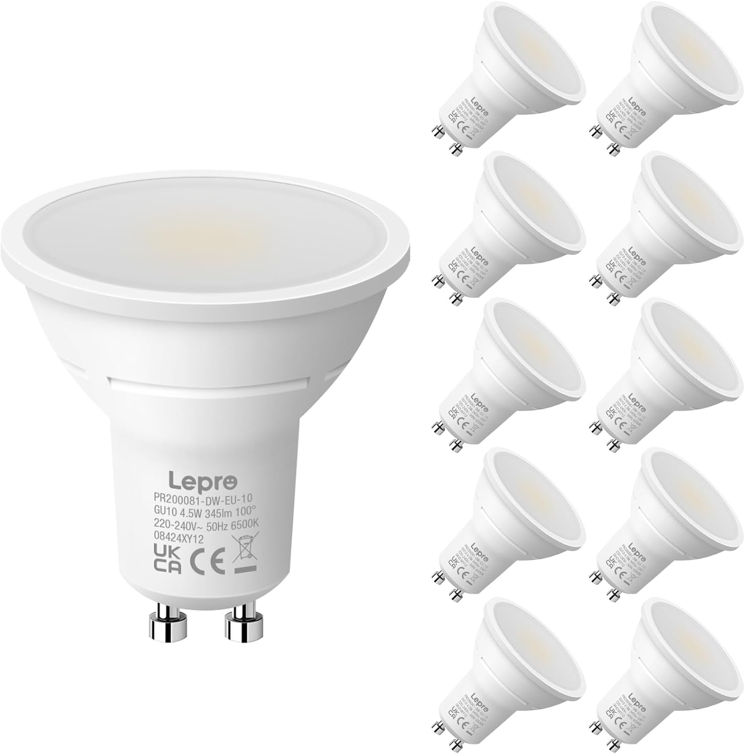 Lepro GU10 LED Bulbs, Cool White 6500K, 4.5W 345lm Daylight Led Bulbs, No Flickering, 50W Halogen Bulb Equivalent, Non-dimmable Energy Saving Light Bulbs, 100° Wide Beam, 10 Packs