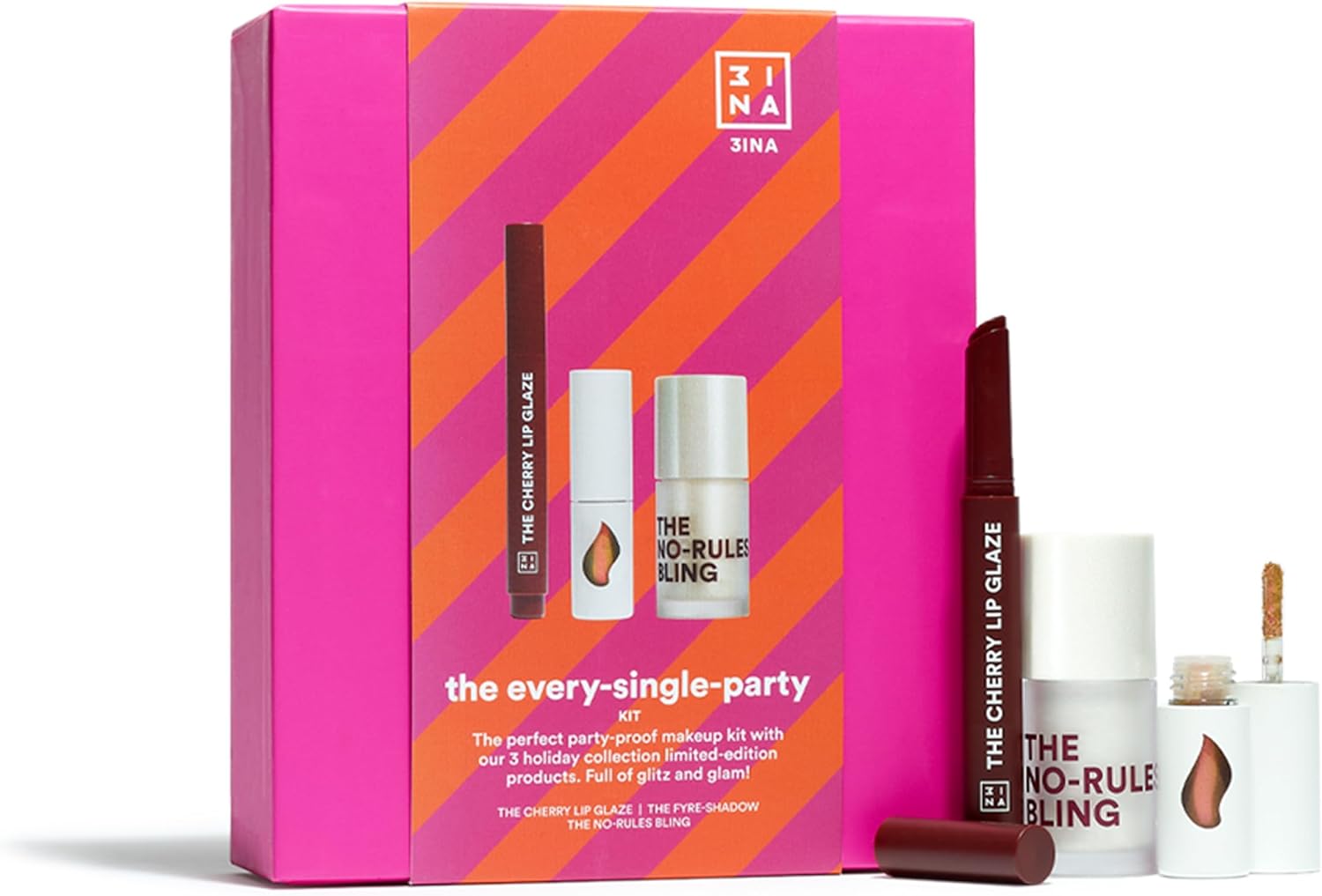 3INA MAKEUP - The Every-Single-Party Kit - The Cherry Lip Glaze Lipstick + The Fyre Shadow + The No-Rules Bling Highlighter
