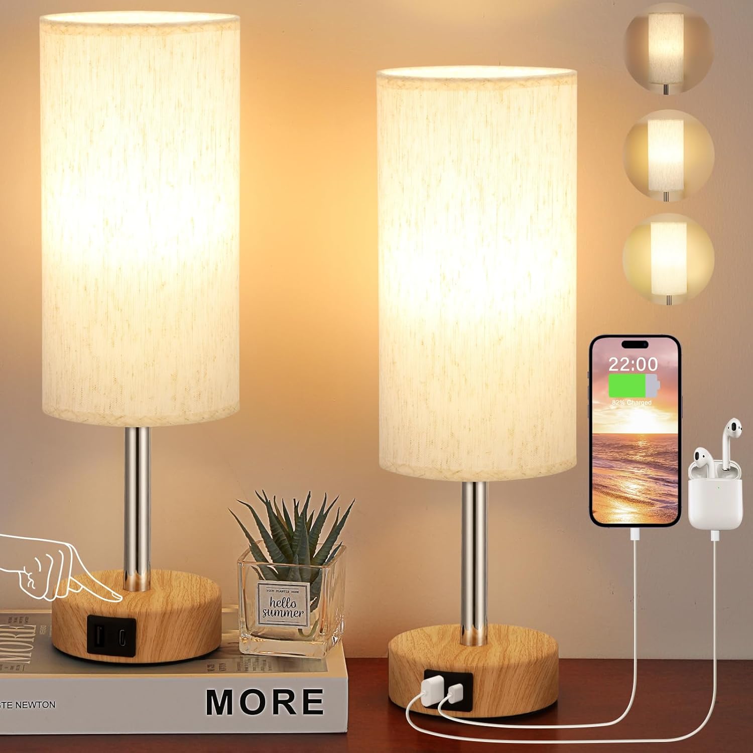 Aooshine Bedside Lamps Set of 2 Touch Table Lamps with USB-C USB-A Charging Ports, 3 Way Dimmable Bedside Lamp for Bedrooms, Small Touch Lamps for Living Room (Bulb Included)