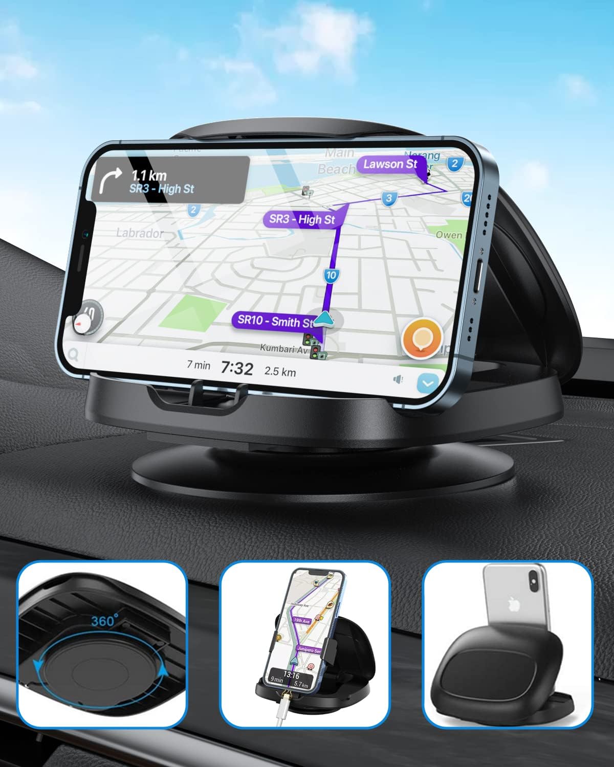 Car Phone Holder for Dashboard, 360° Rotatable Horizontal & Vertical Viewing Car Phone Mount,Washable Reusable Mobile Phone Holder, for iPhone Samsung Android Smartphones (Black)