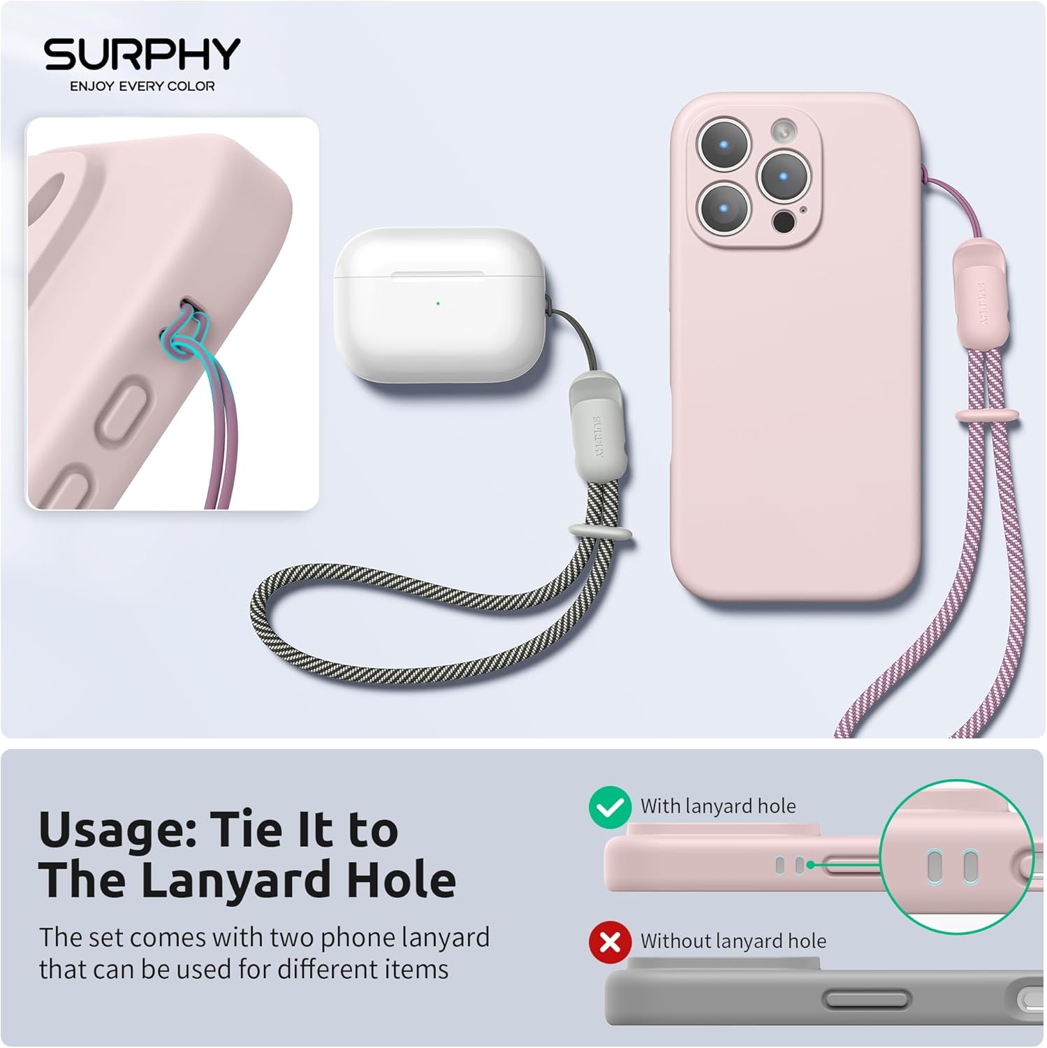 SURPHY Wrist Strap Lanyard for Phone, 2 Pack Adjustable Combination Strap Compatible with Phone, Purse, Keychain and more, Pink & Grey - Image 2