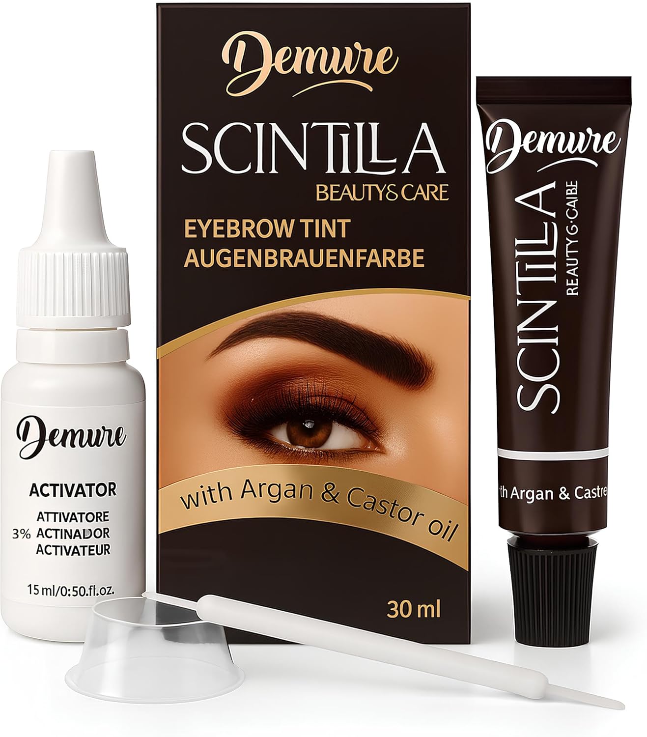 Demure Eyebrow Tint Set with Developer, 20+ Applications, Up to 4 Weeks Lasting Effect, Brow Dye Kit with Argan and Castor Oil, All in One Tinting Set (3.0 Dark Brown)