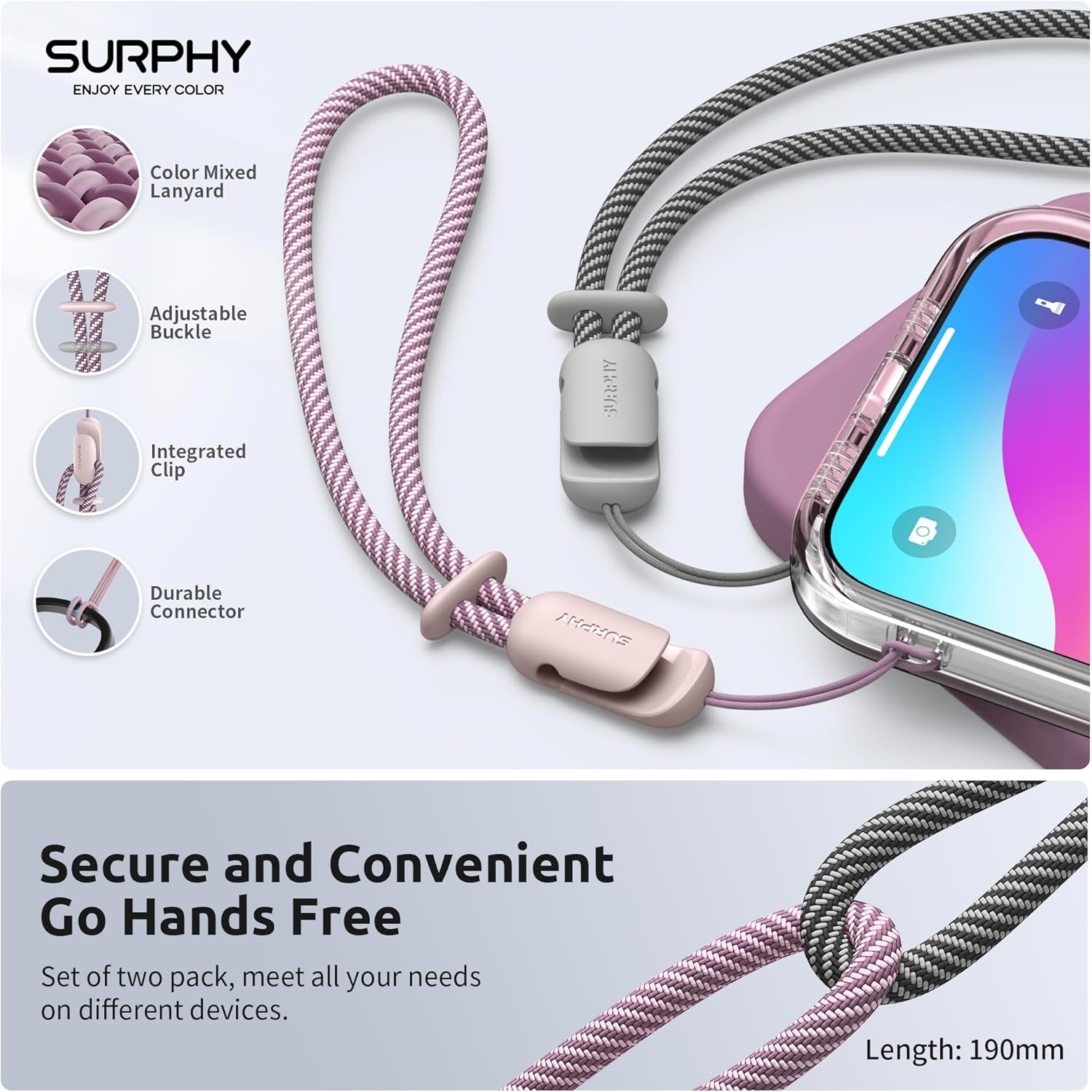 SURPHY Wrist Strap Lanyard for Phone, 2 Pack Adjustable Combination Strap Compatible with Phone, Purse, Keychain and more, Pink & Grey - Image 7