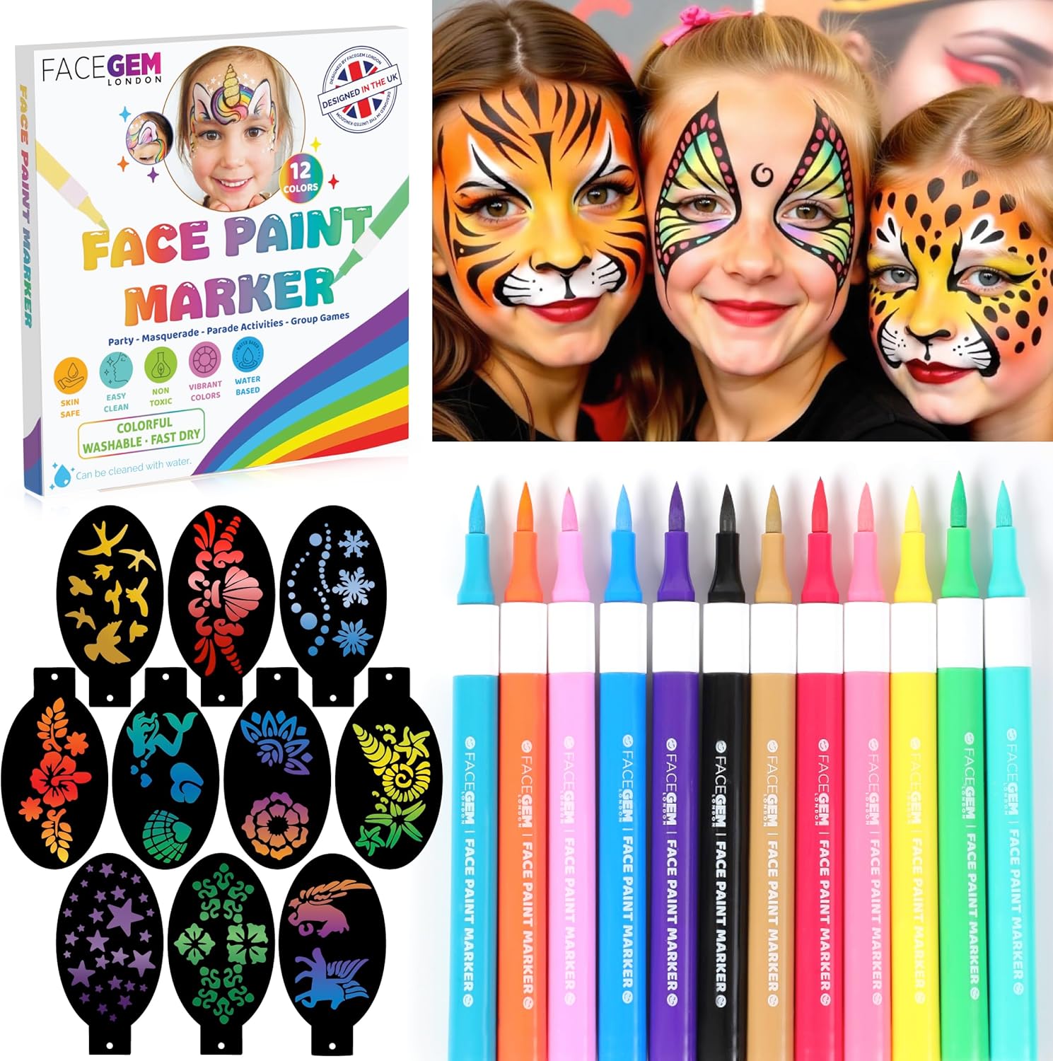 12 Colour Face Paint – Water-Based – Mess-Free Face Painting Kit with Stencils – Fast-Drying, Washable, Easy to Clean, Non-Toxic Face Paint for Festivals, Parties, Masquerade, Fancy Dress, Carnival