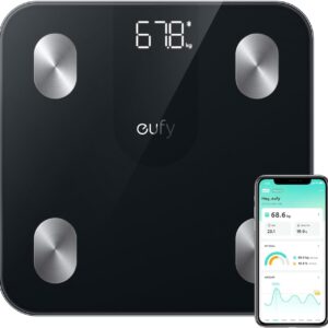 eufy Weighing Scales for Body Weight, Digital Bathroom Scales with Bluetooth, Body Fat Scales, 12 Measurements, Weight/Body Fat/BMI, Fitness Body Composition Analysis, Black, lbs/kg, Smart Scale A1